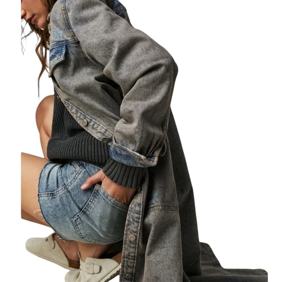 Free People Anna Lou Button Front Denim Longline Dress Duster Jacket Size M - Picture 4 of 7